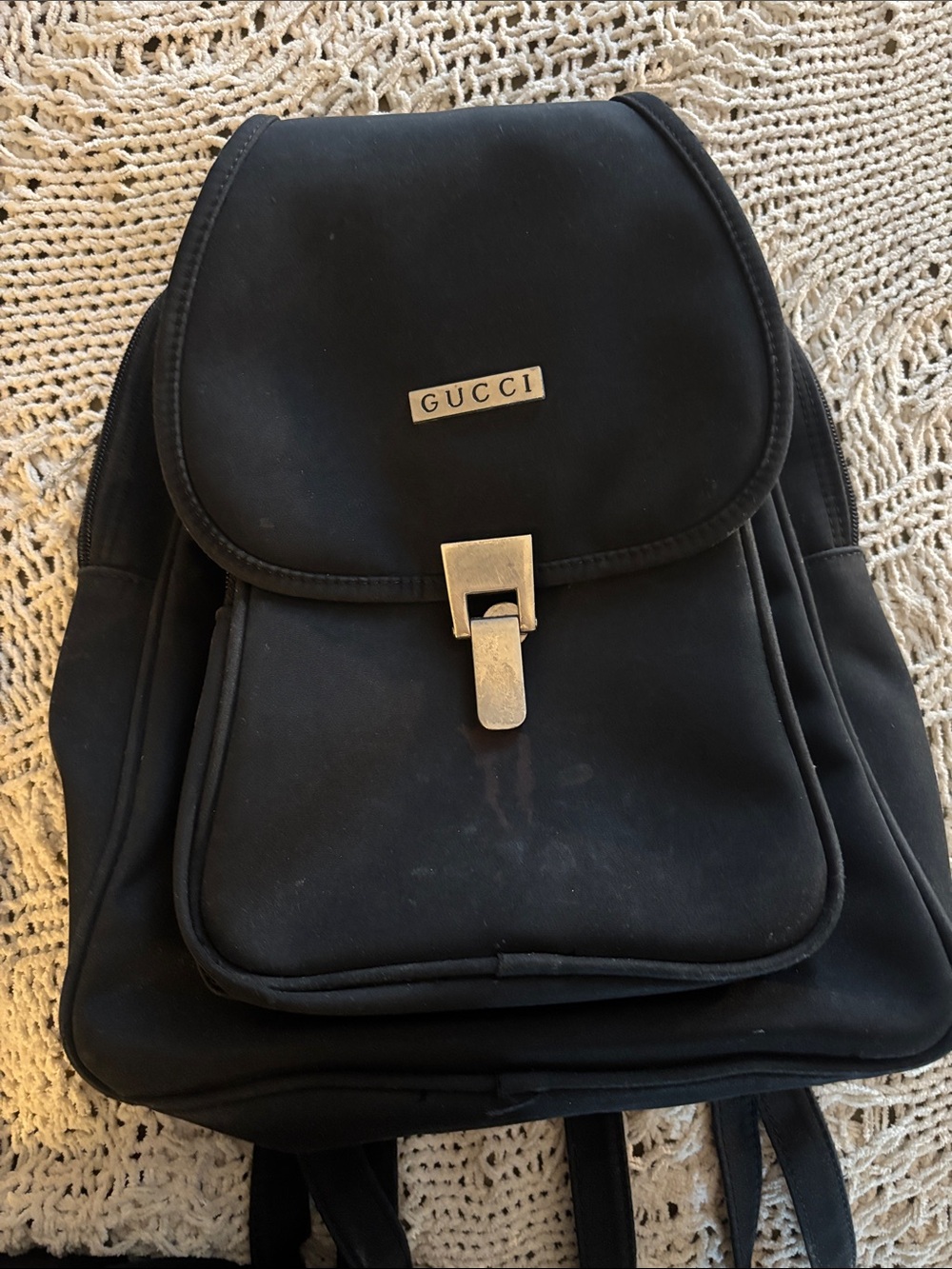 Gucci Black Nylon Backpack with Silver -Tone Plaque and Clasp